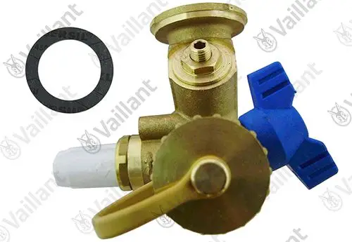 Vaillant Durchflussmengenregler aus Messing mit blauer Kunststoffverstellung und Dichtung, zur Regulierung von Wasserflüssen in Heizsystemen.